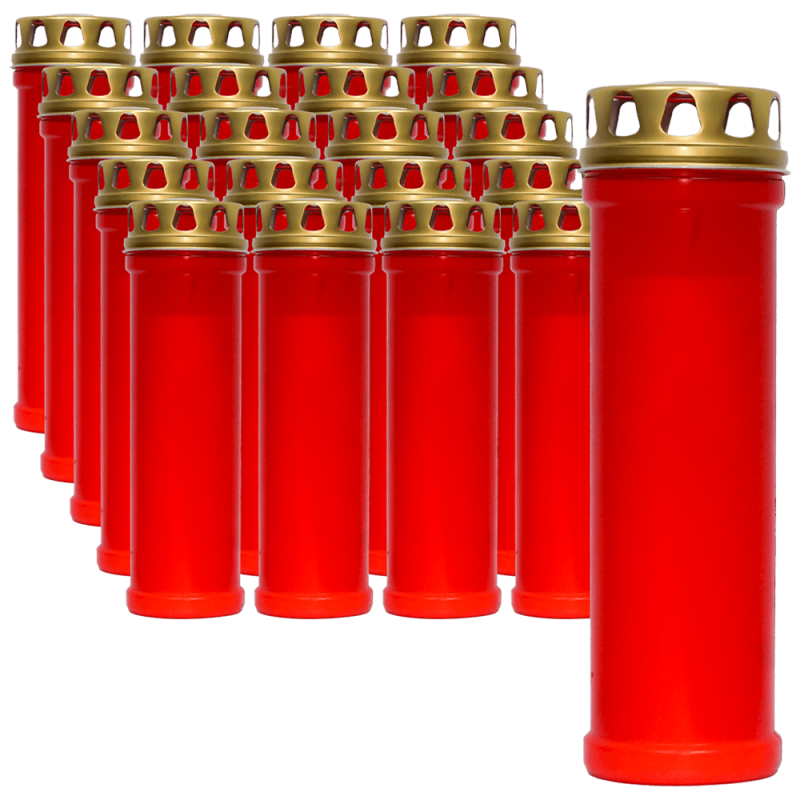 Set 20 candele rosii 98 ore cu capac metalic pentru cimitir Zniczplast